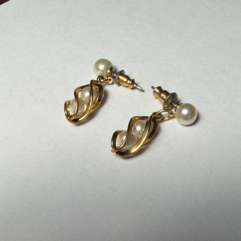 Vintage Gold-Tone Faux Pearl Twist Drop Earrings - Classic Women's Jewelry